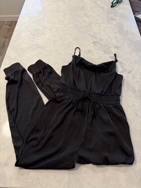 Classic Black Satin Jumpsuit with Drawstring Waist